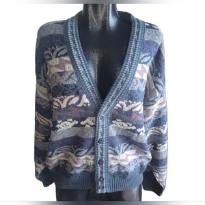 Vintage Shelby Blue, Grey and Purple Abstract Knit Cardigan M
